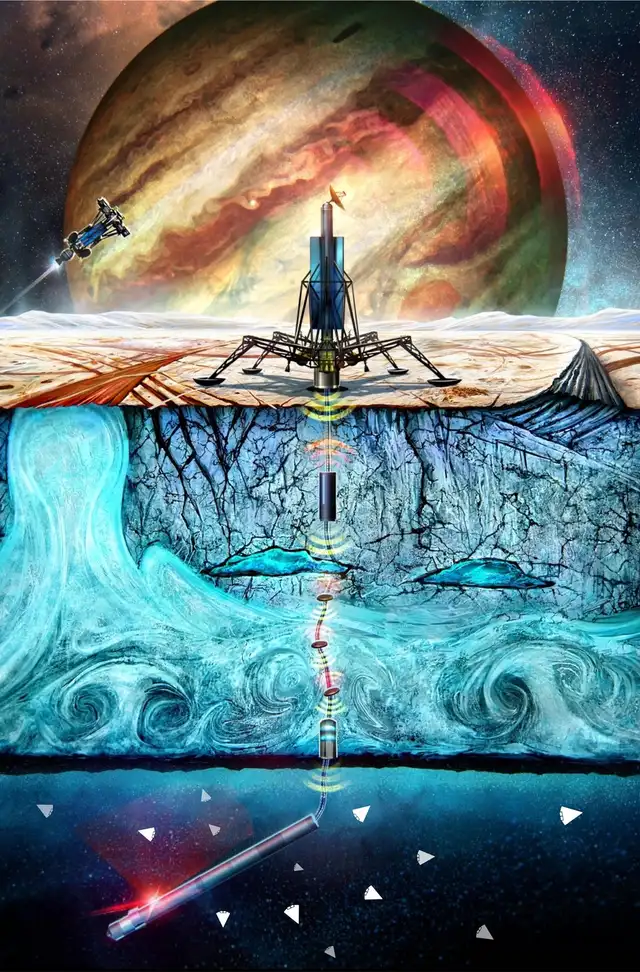 Ilustración que muestra cómo podría funcionar un robot en Europa. Foto: NASA