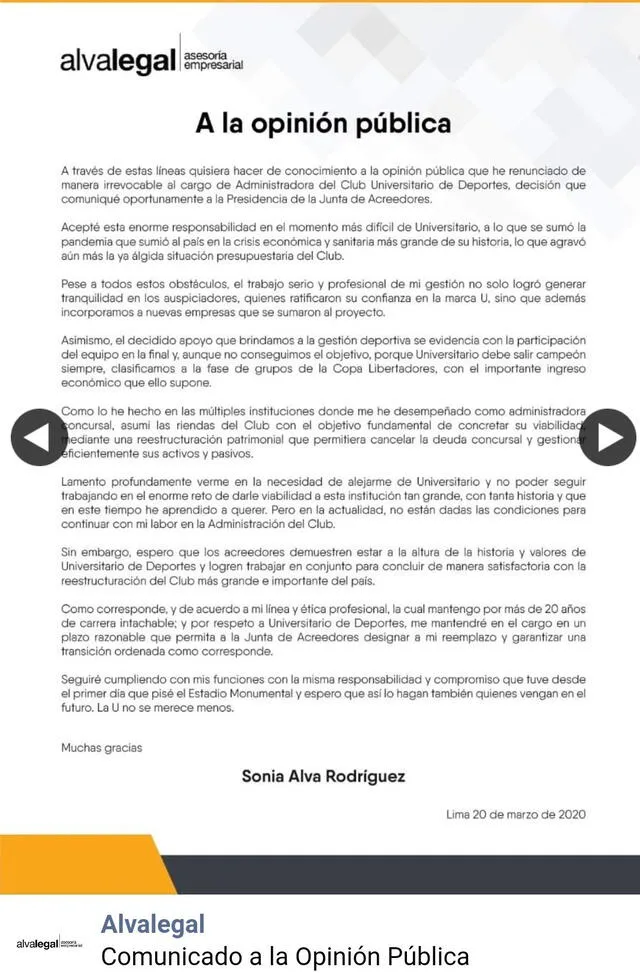 Sonia Alva compartió su carta de renuncia. Foto: Gustavo Peralta