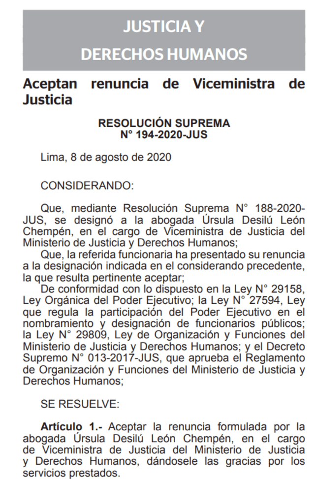 Renuncia de León Chempén al viceministerio de Justicia.