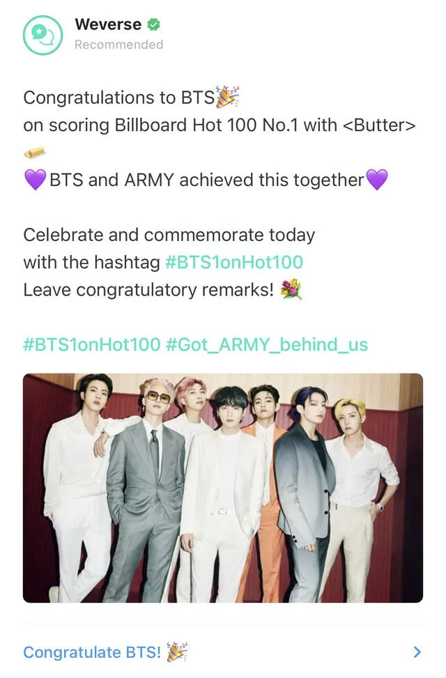 Post de Weverse sobre el #1 de "Butter" de BTS en Billboard HOT100. Foto: captura Weverse