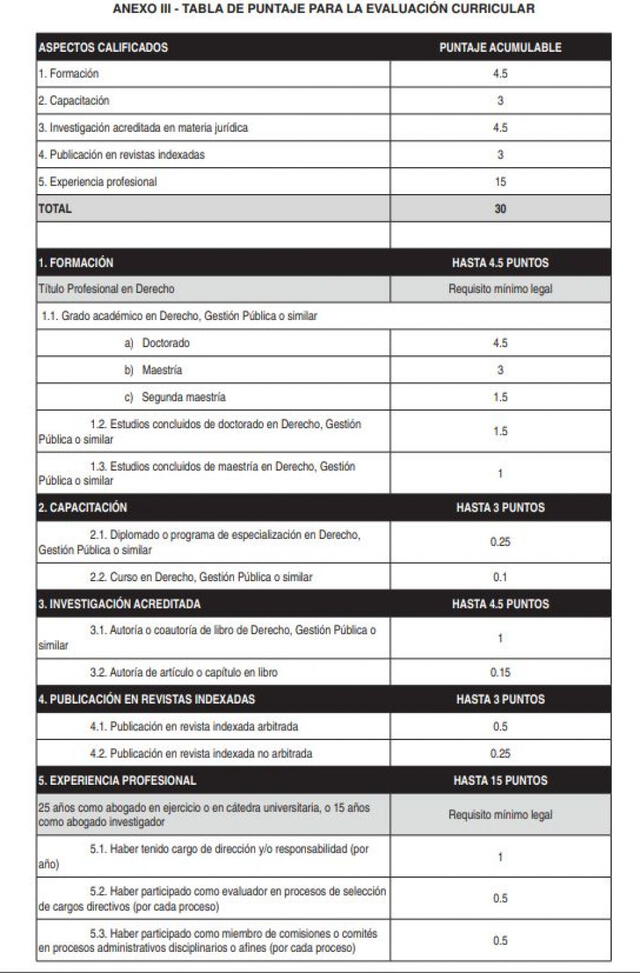 Puntaje para la evaluación curricular de nuevo concurso para la JNJ.