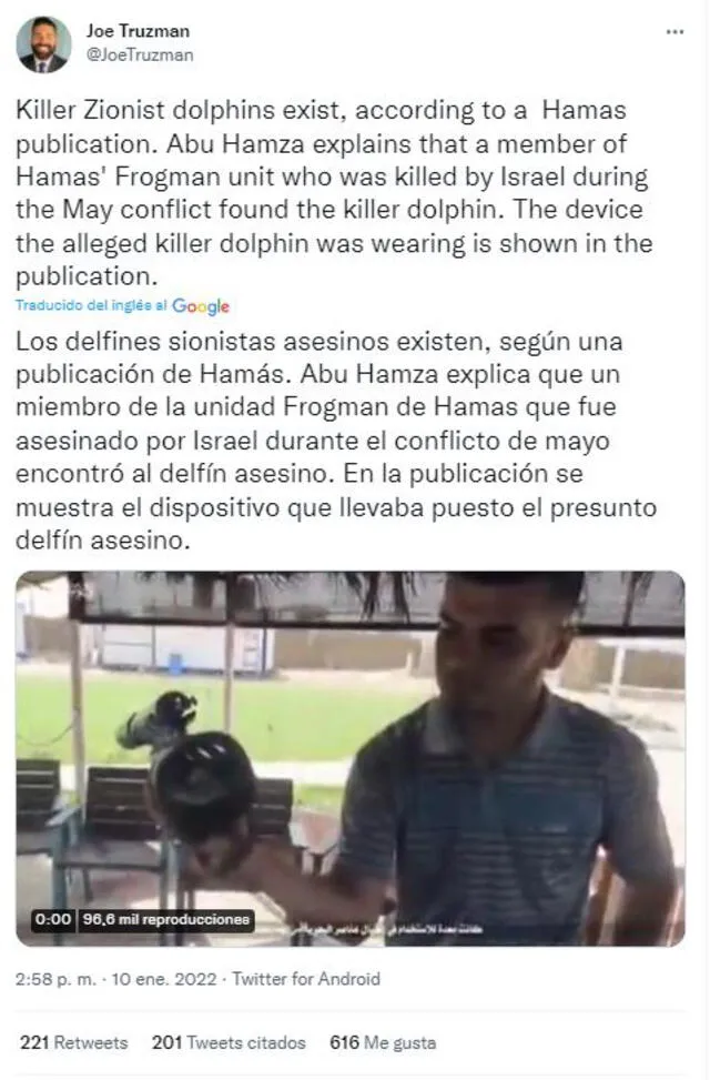 Publicación de Hamás sobre los supuestos delfines asesinos genera críticas en redes sociales. Foto: captura Twitter
