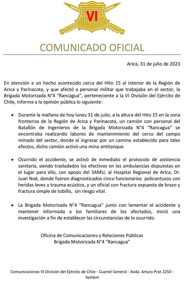 La Brigada Motorizada N.º 4 Rancagua emitió un comunicado sobre el accidente ocurrido en la frontera Perú-Chile. Foto: @jdnarica/Twitter   
