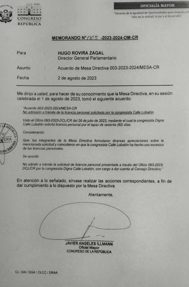  Mesa Directiva del Congreso envió memorando sobre pedido de Digna Calle. Fofo: Omar Coca  