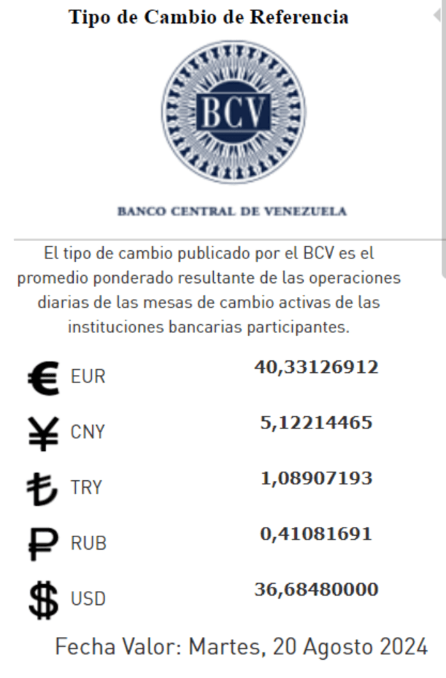 Precio del dólar BCV, 17 de agosto de 2024. Foto: Banco Central de Venezuela   