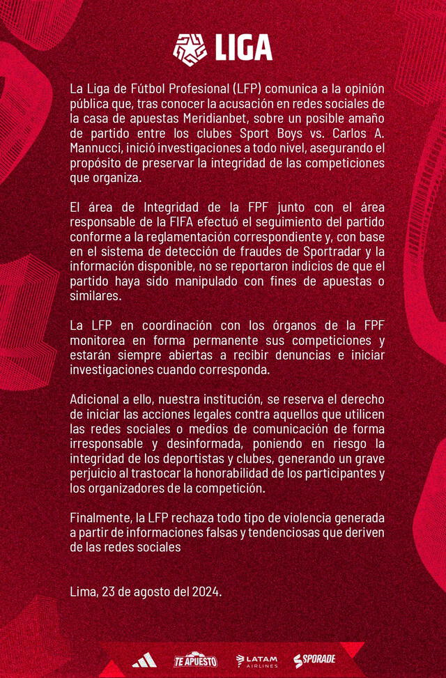  La Liga 1 se pronunció tras caso de presunto amaño en el Mannucci vs Sport Boys. Foto: Liga 1 Te Apuesto   