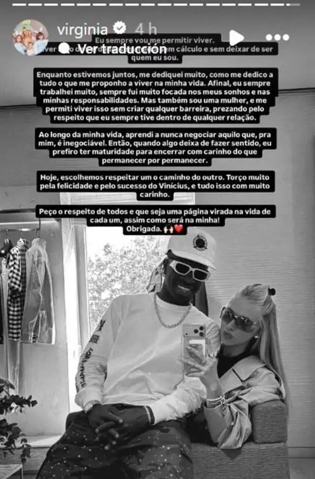 Comunicado de Virginia Fonseca anunciando el fin de su relación con Vinicius Jr. Foto: Instagram.  