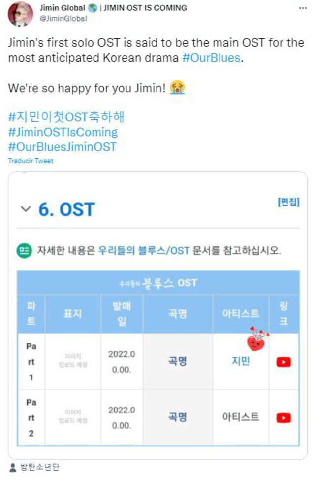OST de Jimin será el principal de "Our blues". Foto: captura de Twitter