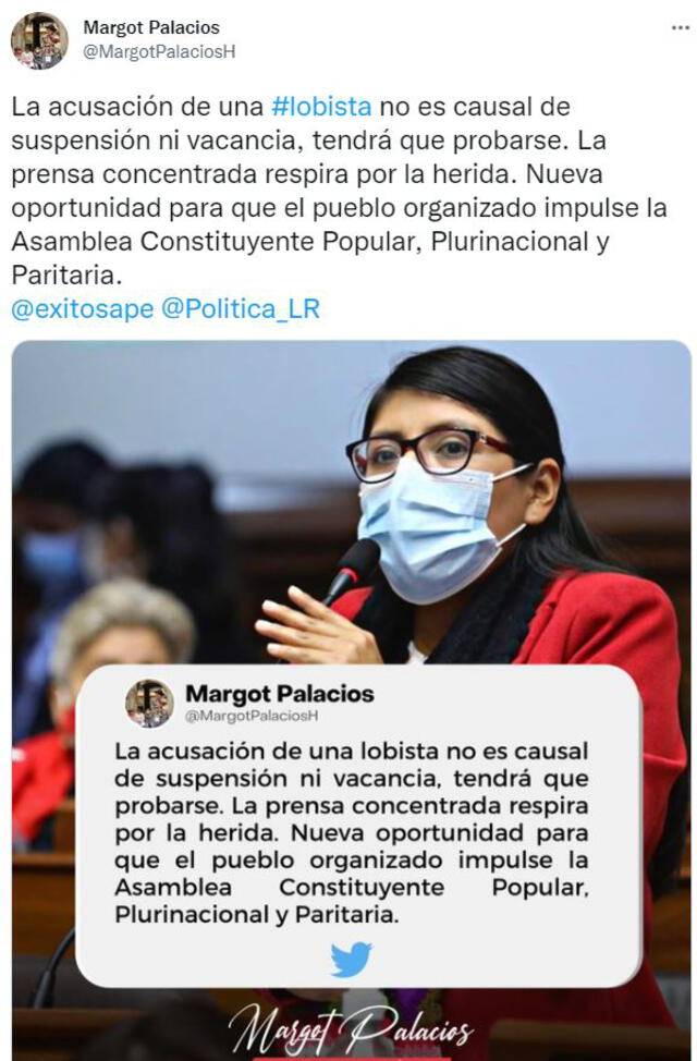 Margot Palacios respaldó a Pedro Castillo, pese a testimonio que habría dado Karelim López ante la Fiscalía. Foto: Captura Twitter