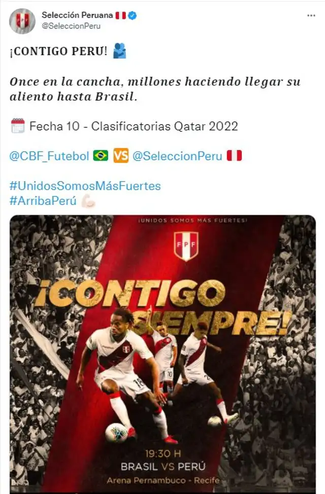 La Bicolor envía mensaje de aliento al equipo. Foto: Twitter Selección Peruana La Bicolor envía mensaje de aliento al equipo. Foto: Twitter Selección Peruana