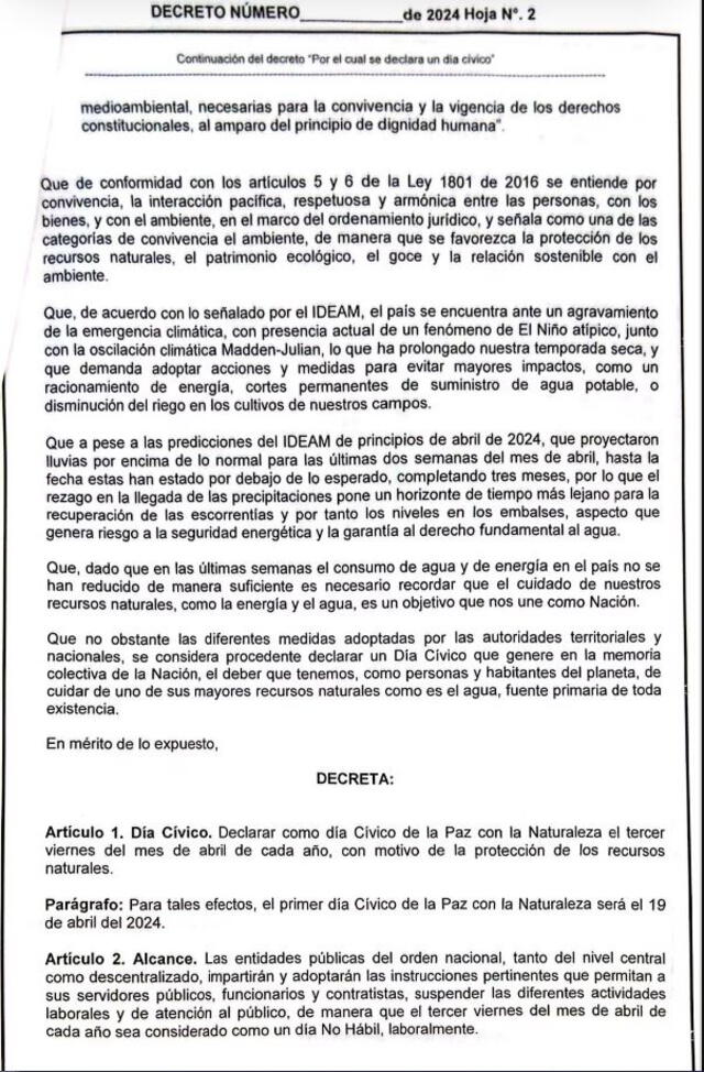 Este es el decreto que declara como día cívico el 19 de abril en Colombia. Foto: Semana   