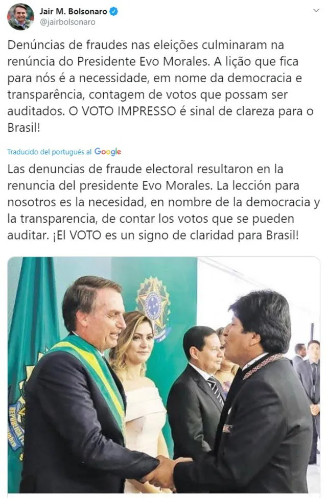 Jair Bolsonaro celebró salida de Evo Morales. Foto: Captura.
