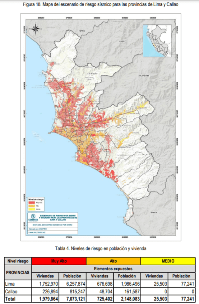  Riesgo sísmico en Lima y Callao. Los puntos rojos indican muy alto riesgo; los anaranjados, alto riesgo, y los amarillos, bajo riesgo. Foto: Cenepred (2020)   