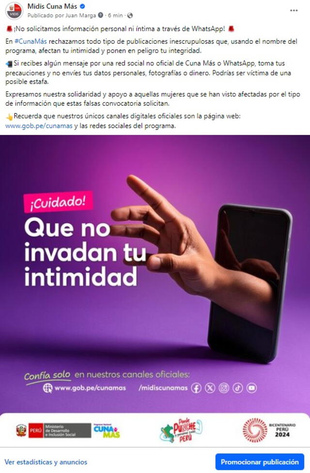 Cuna Más también advierte de posibles violaciones a la intimidad e información personal de los ciudadanos. Foto: Midis Cuna Más/Facebook   