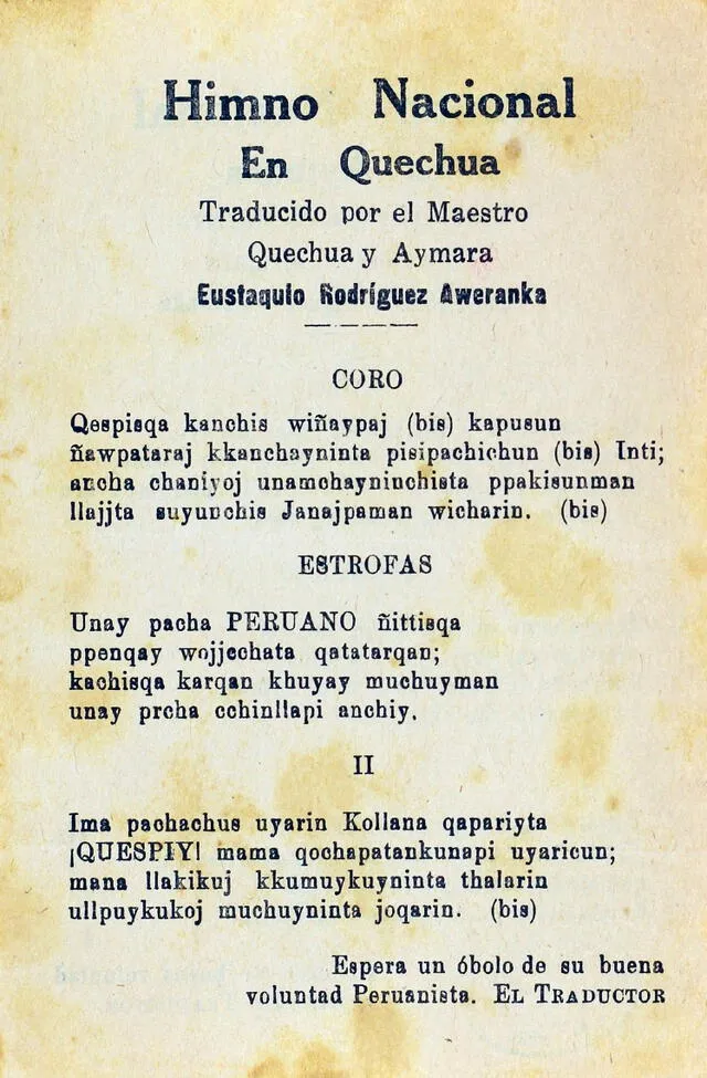  Himno nacional en quechua, traducido por Eustaquio Rodríguez Aweranka. Foto: Biblioteca Nacional del Perú   