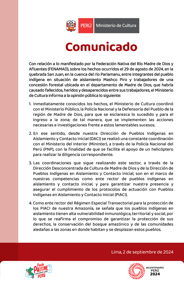  Comunicado del Ministerio de Cultura sobre el ataque de los Mashco Piro.   