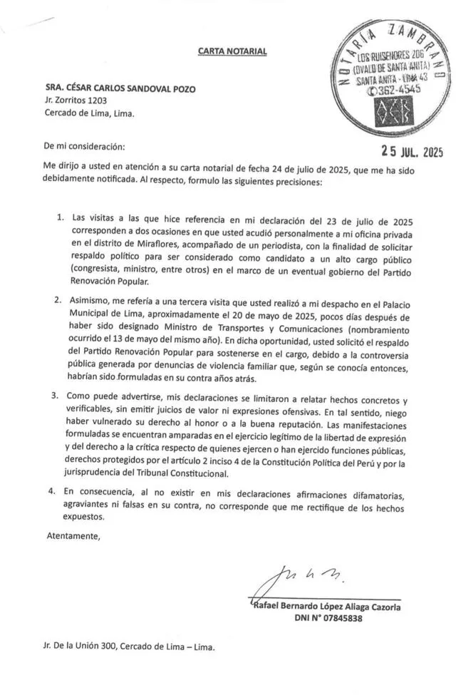  Carta notarial de Rafael López Aliaga contra César Sandoval, ministro de Transporte. Foto: difusión   