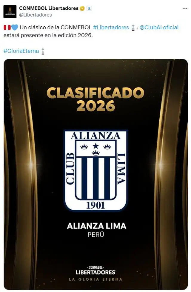 Mensaje de bienvenida al torneo para Alianza Lima. Foto: captura de Conmebol Libertadores/X Mensaje de bienvenida al torneo para Alianza Lima. Foto: captura de Conmebol Libertadores/X
