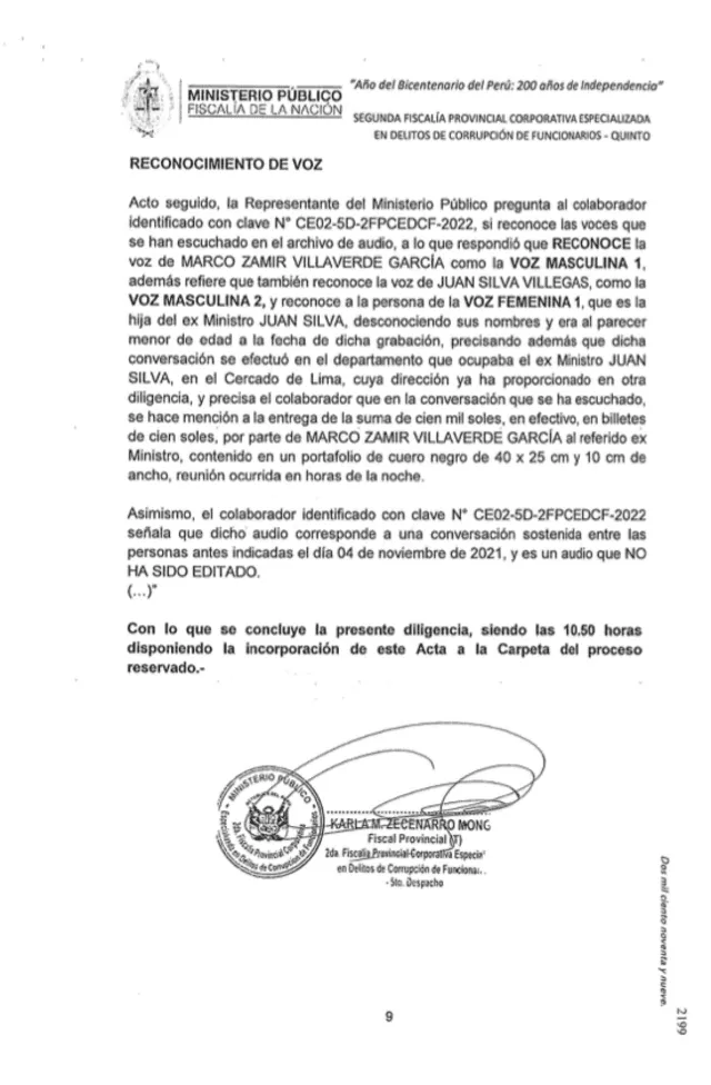 Acta de la transcripción y el reconocimiento de voz confirman que existe la grabación en el expediente de la fiscal Karla Zecenarro.