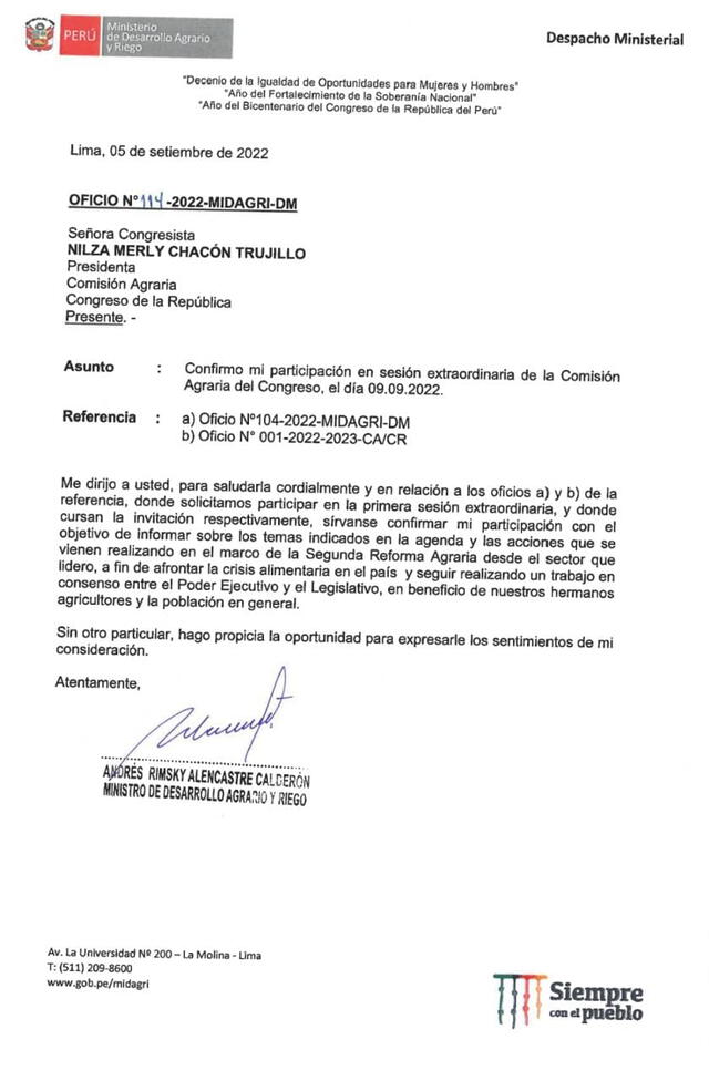 oficio a la Comisión Agraria