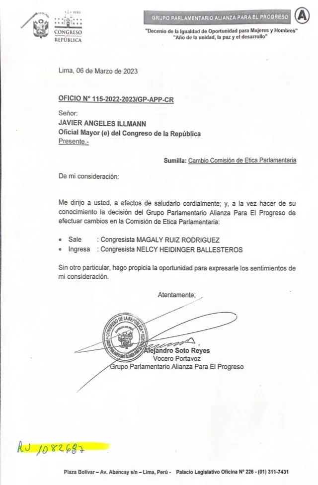 Oficio enviado al Oficial Mayor del Congreso. Foto: documento   