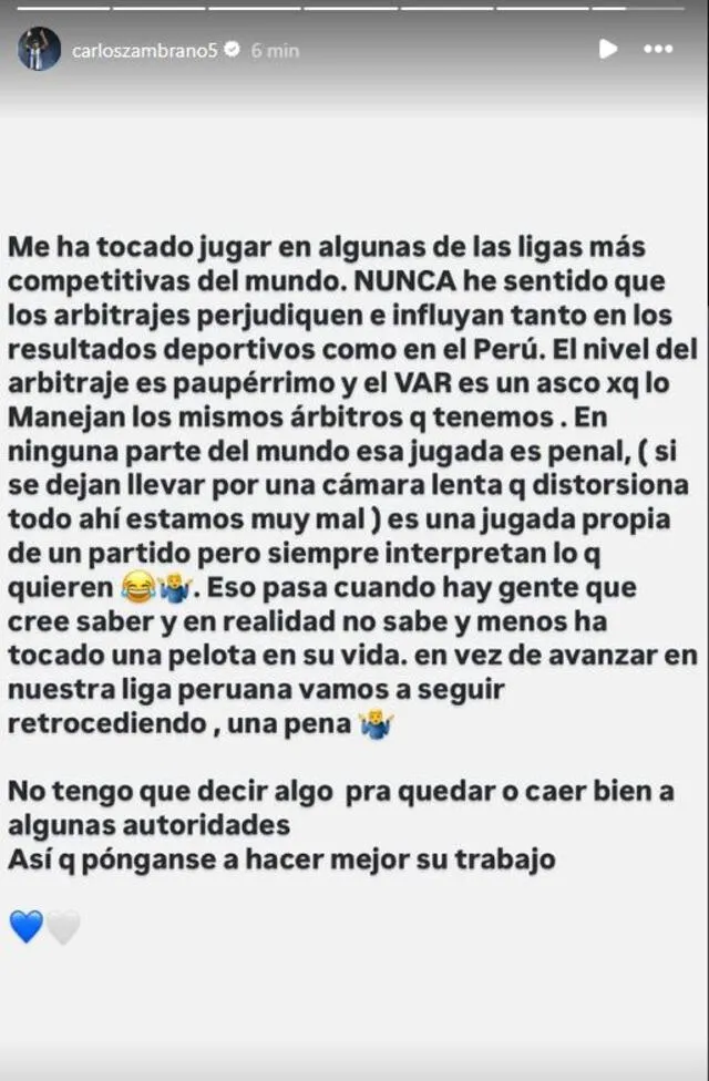 Publicación del futbolista de Alianza Lima. Foto: Instagram/Zambrano   