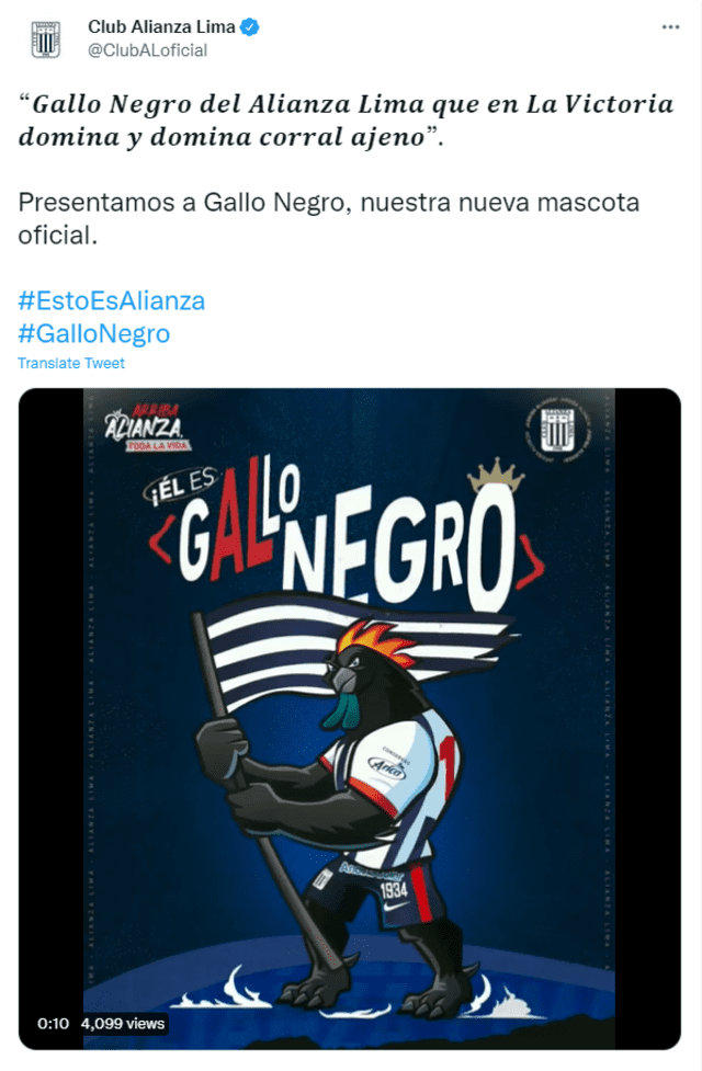 Gallo Negro, la nueva mascota de Alianza Lima. Foto: Twitter de Alianza Lima