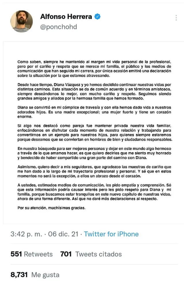 6.12.2021 | Comunicado de Alfonso Herrera sobre su separación de Diana Vázquez. Foto: Alfonso Herrera/Twitter