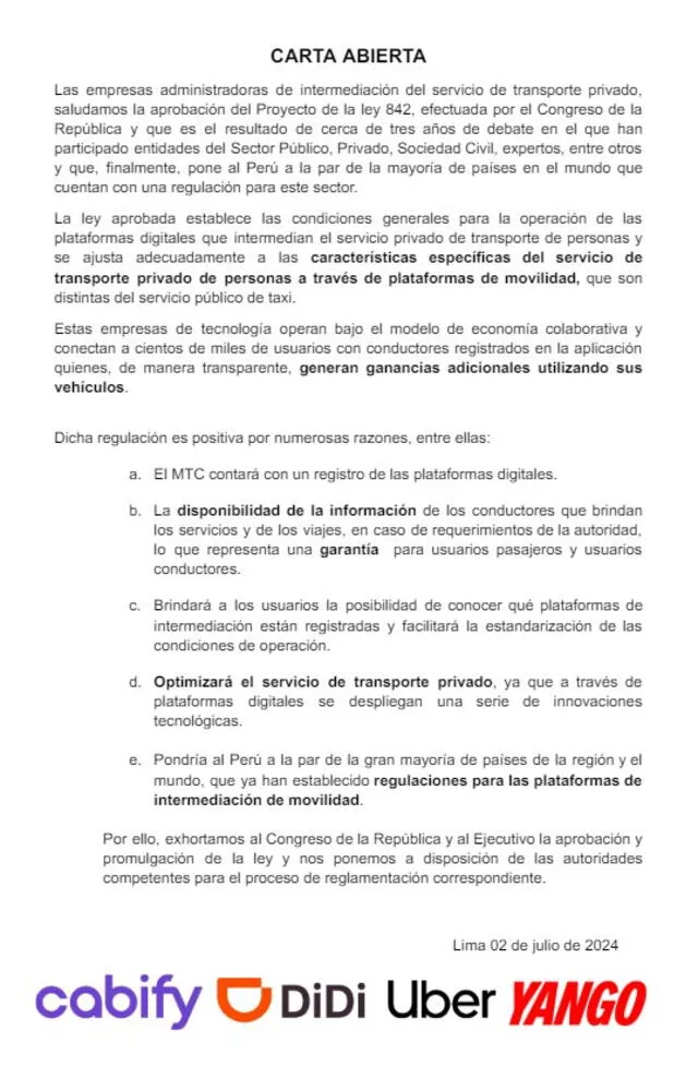 Comunicado de empresas de taxi por aplicativo. Foto: difusión   