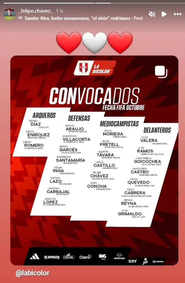 Felipe Chávez es uno de los 25 jugadores citados por Manuel Barreto. Foto: captura de Instagram   