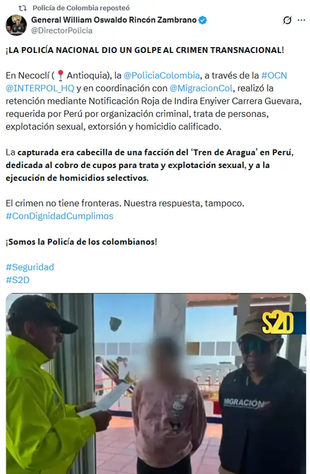 Cabecilla de una facción del Tren de Aragua será extraditada al Perú. Foto: X/General William