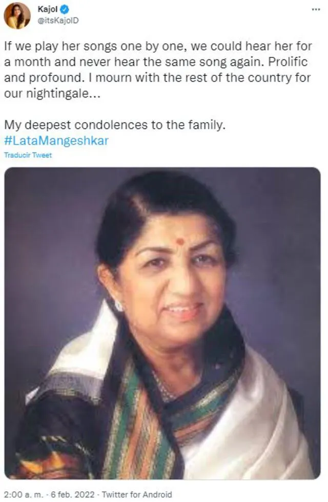 Kajol y el mensaje a Lata Mangeshkar. Foto: Twitter