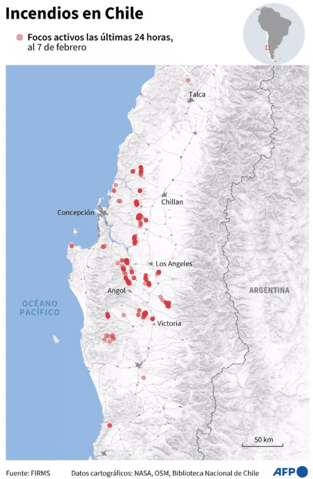  Mapa de las zonas de incendio en Chile en las últimas 24 horas. Foto: AFP<br>    