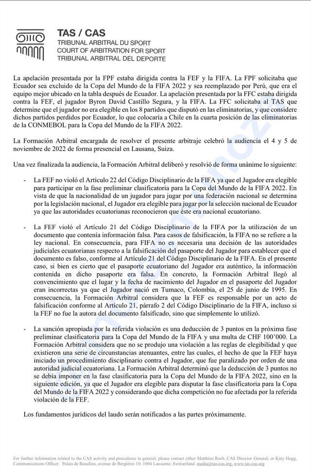 Resolución sobre Ecuador y Byron Castillo. Foto: TAS.   