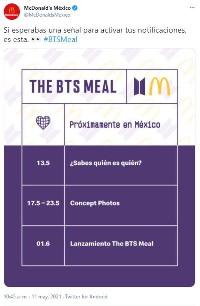 The BTS Meal: calendario Mc Donald's México. Foto: Twitter