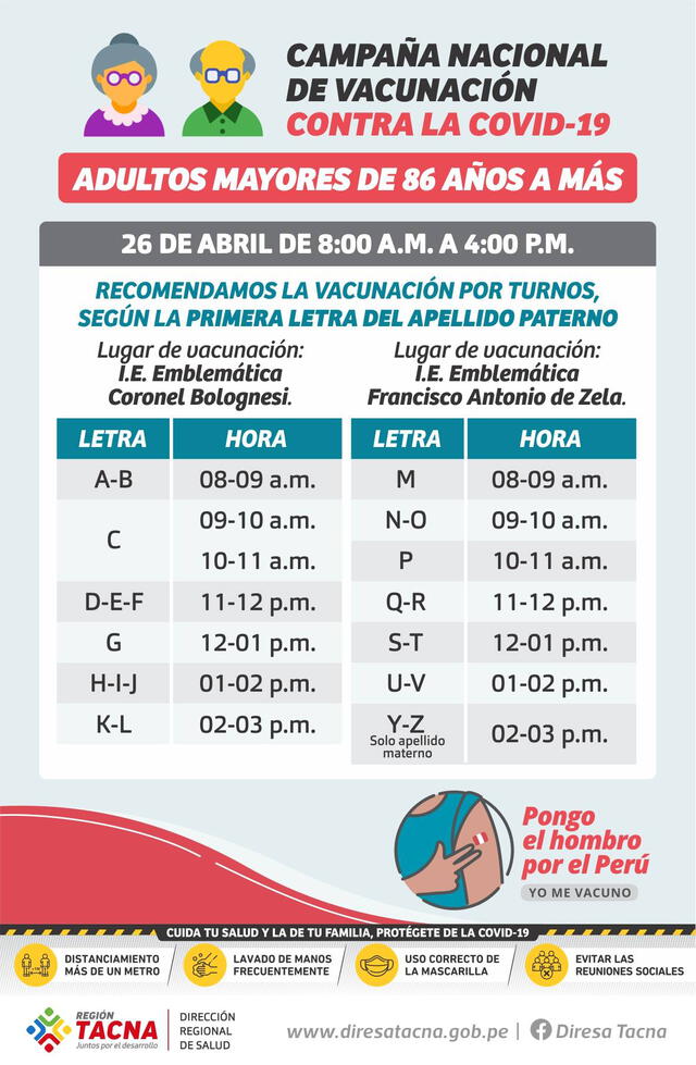 Indicaciones para la vacunación en Tacna.