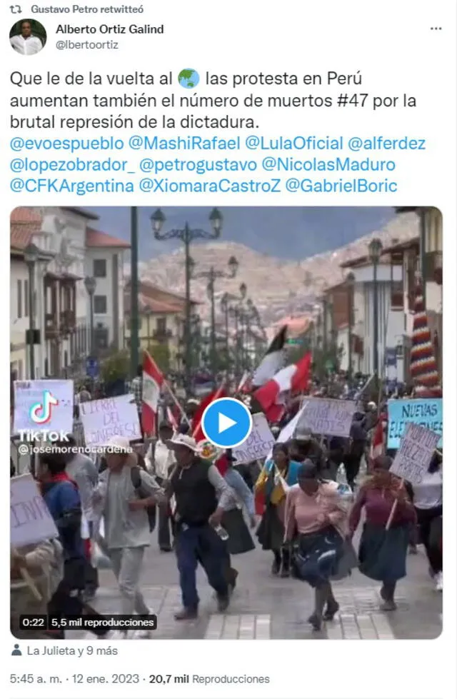 Gustavo Petro, ha seguido compartiendo publicaciones sobre protestas en el sur del Perú: Foto: captura @petrogustavo/Twitter