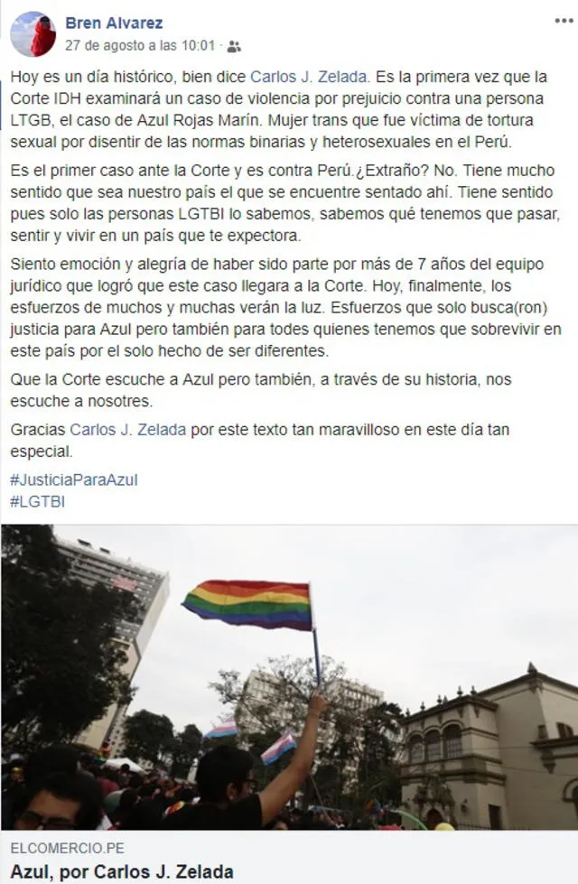 Mensaje de Brenda Álvarez, que conformó la defensa legal de Azul. Foto: Facebook.