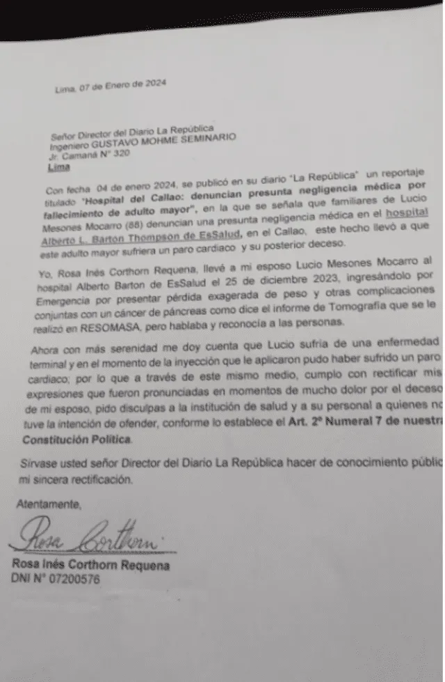 Carta de rectificación enviada a La República.   