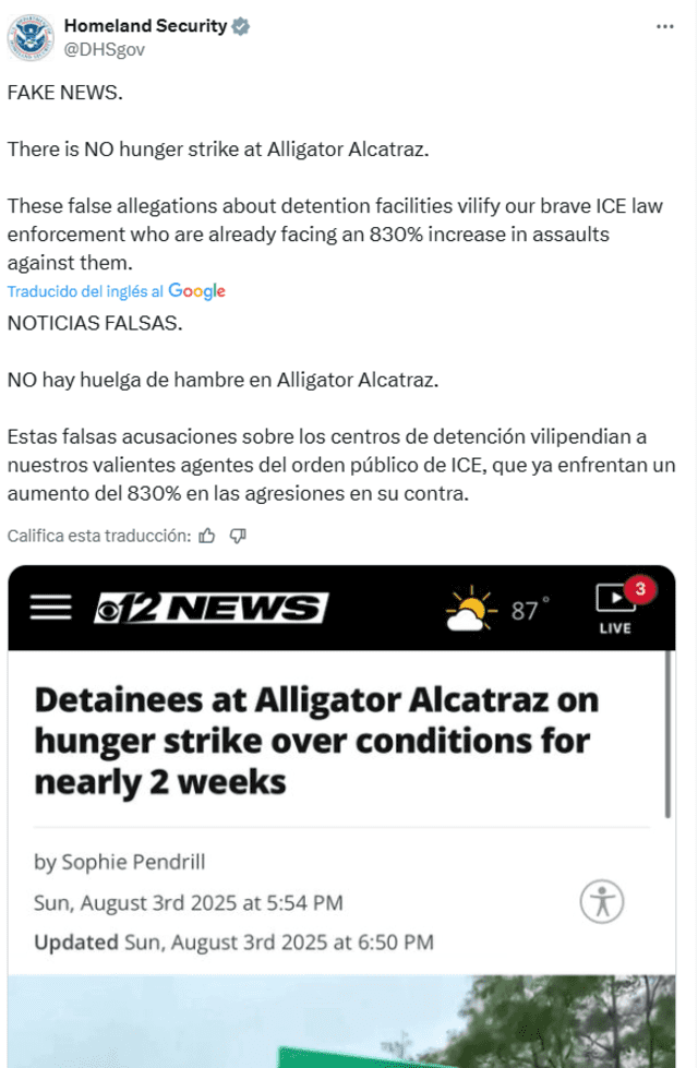 El DHS negó la historia del inmigrante en su cuenta de X.   