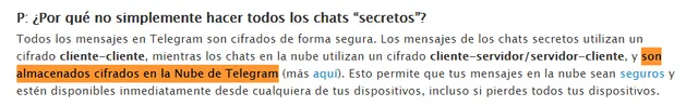 Telegram señala que, para los chats que se guardan en la nube, sí interviene un servidor con acceso a tus mensajes. Foto: Telegram.org