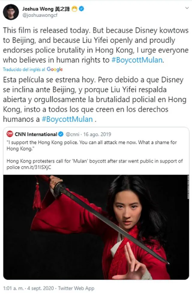 Joshua Wong, una de las figuras destacadas del movimiento prodemocracia en Hong Kong, publicó varios tuits para abogar por el boicot contra Mulan. Foto: captura