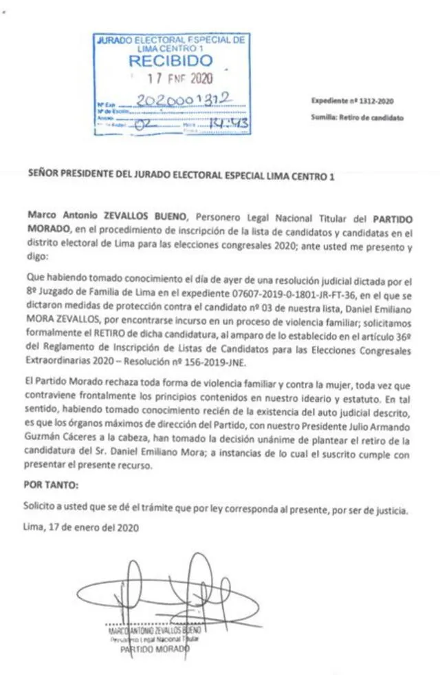 Carta del Partido Morado al JNE.