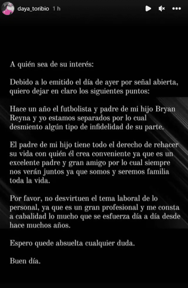  Publicación de la expareja de Bryan Reyna. Foto: Instagram    