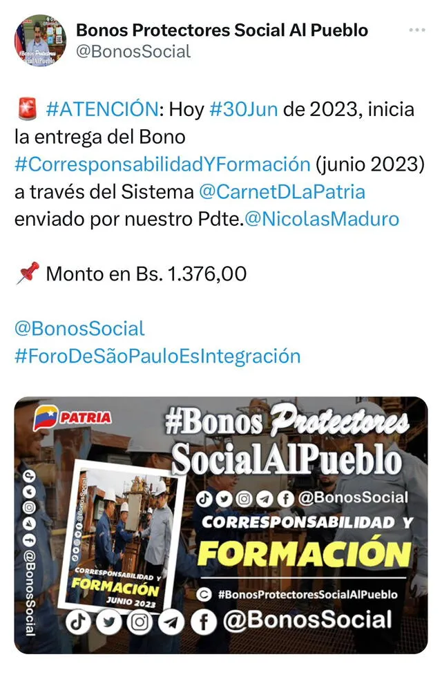  Este viernes 30 de junio comenzó la entrega del Bono Corresponsabilidad y Formación. Foto: BonosSocial/ Twitter   