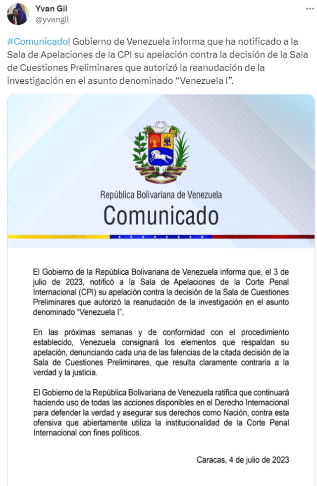 Régimen de Nicolás Maduro busca evitar que CPI investigue crímenes de lesa humanidad | informe | investigación de la CPI | fiscal karim khan | Venezuela | Yvan Gil | Twitter