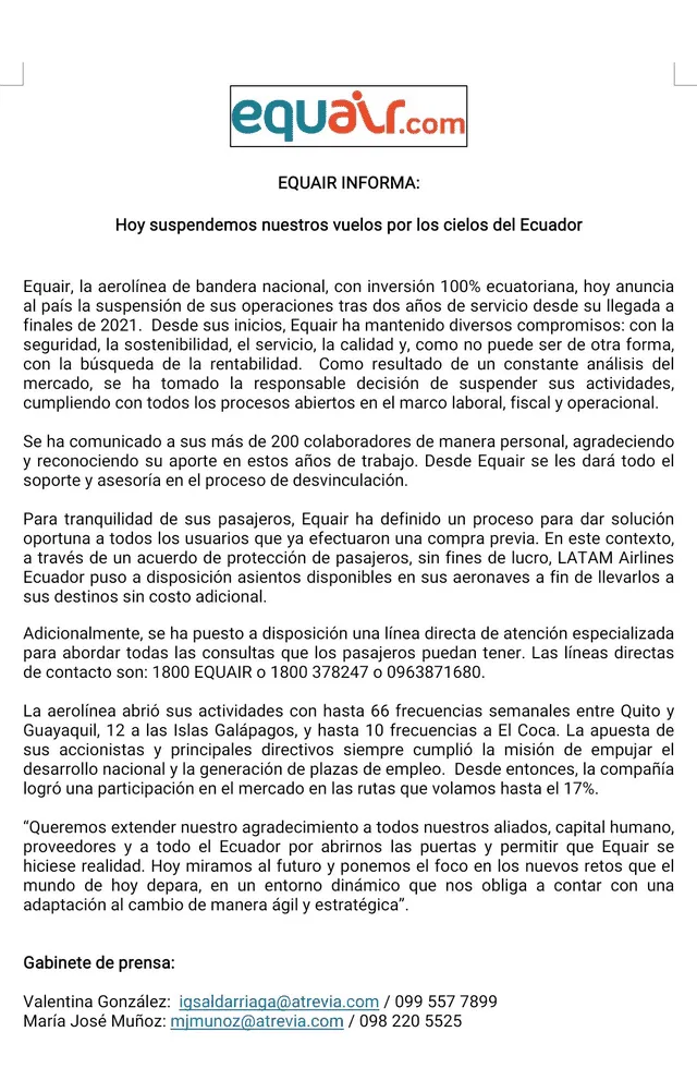  equair cierra operaciones | Ecuador | aerolínea Equair | reembolso pasajes de equair | Tame | cierre Equair | canales de activación | Latam 