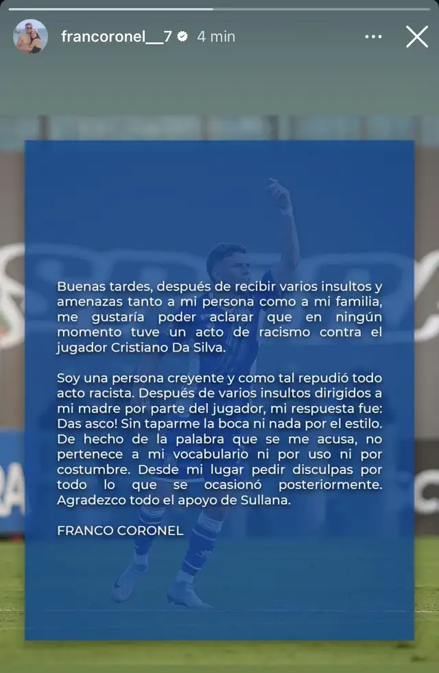 Mensaje de Franco Coronel. Foto: captura de Instagram   