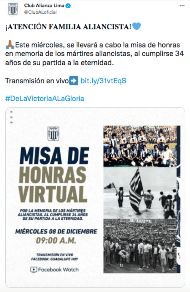 Alianza Lima anunció misa de honras para este miércoles 8 de diciembre. Foto: Twitter Alianza Lima