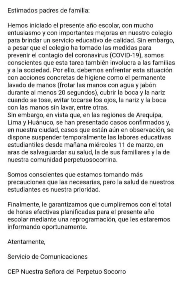 Coronavirus: colegio de Trujillo suspende clases.